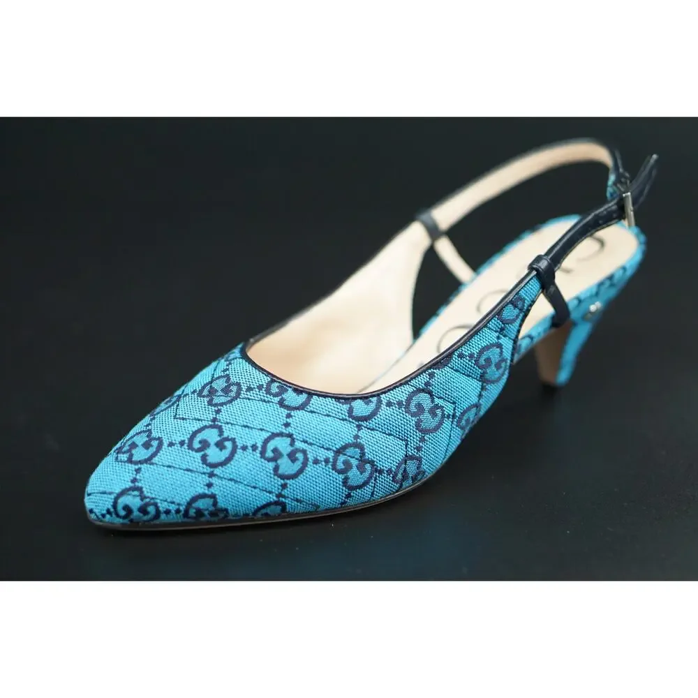 Gucci Charlotte Blue Canvas GG Strap Pointed Toe Slingback Pumps Size 37 $695